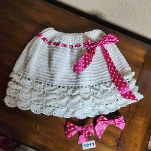 Handmade White Crochet Infant/toddler  Skirt with Pink Polka Dot Matching Bows